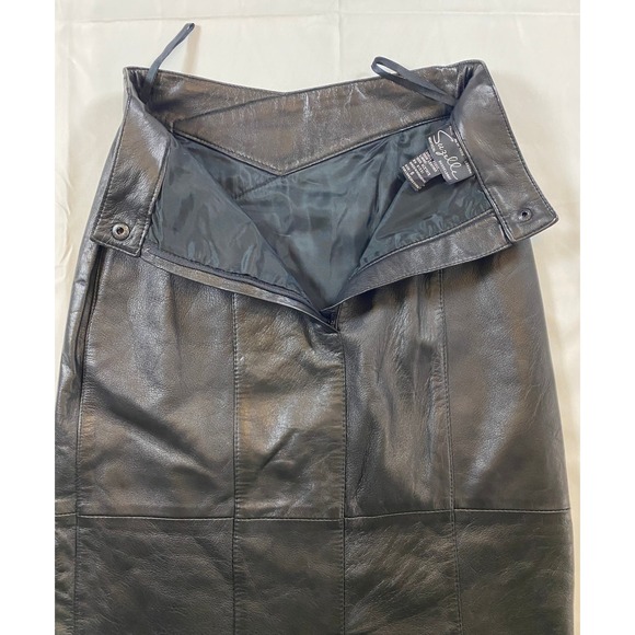 Vintage Black Leather High Waisted Midi Pencil Skirt Button Fly Women Size 6 - Picture 4 of 7